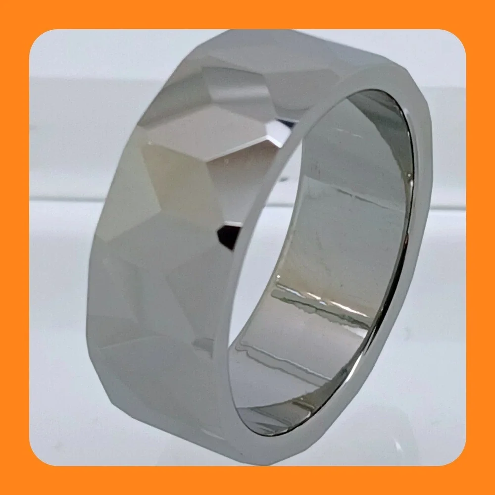 Vintage Tungsten Faceted Geometric Band Ring Silver 8mm Size 9.75 1990s Y2K NOS